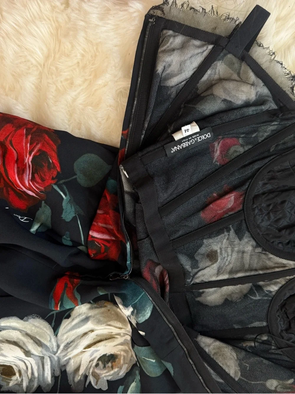 Dolce & Gabbana Black Floral Midi Dress with Red & White Roses - Picture 8 of 10